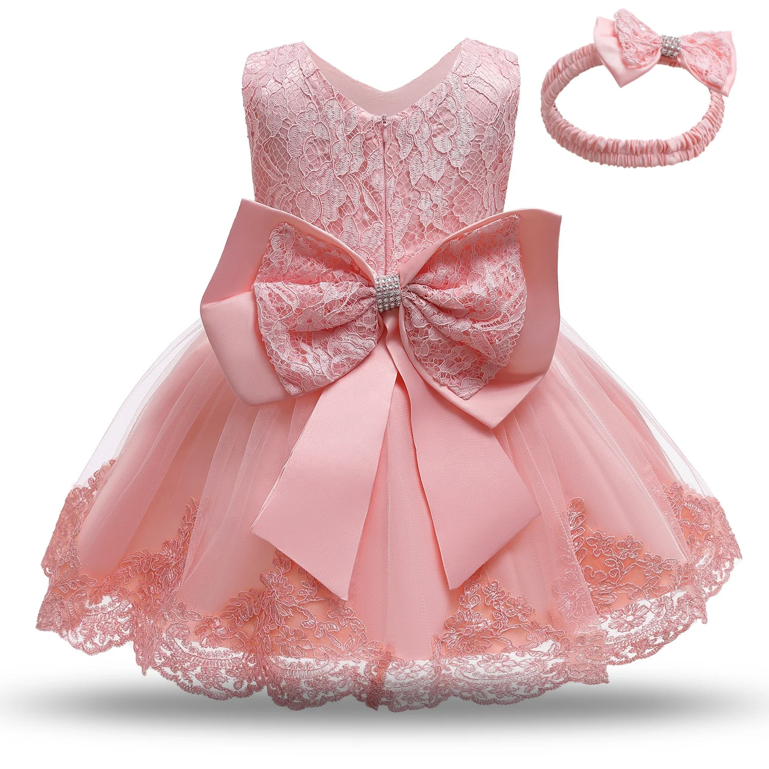 Sleeveless Embroidery Formal Lace Baby Dress Flower Girl Dress With Large Bow