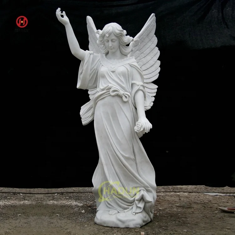 Large Outdoor Garden Hand Carved Natural Stone Wings Sculpture White Marble Angel Statue