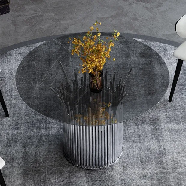 Black round tempered glass dining table with gold silver stainless steel base for home hotel restaurant dining room
