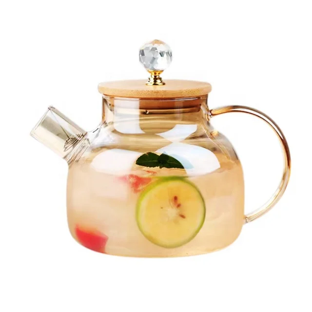 tea set wholesale factory direct sale Glass Flower Tea Pot set with handle Borosilicate Glass  teapot with Fancy Bamboo Lid