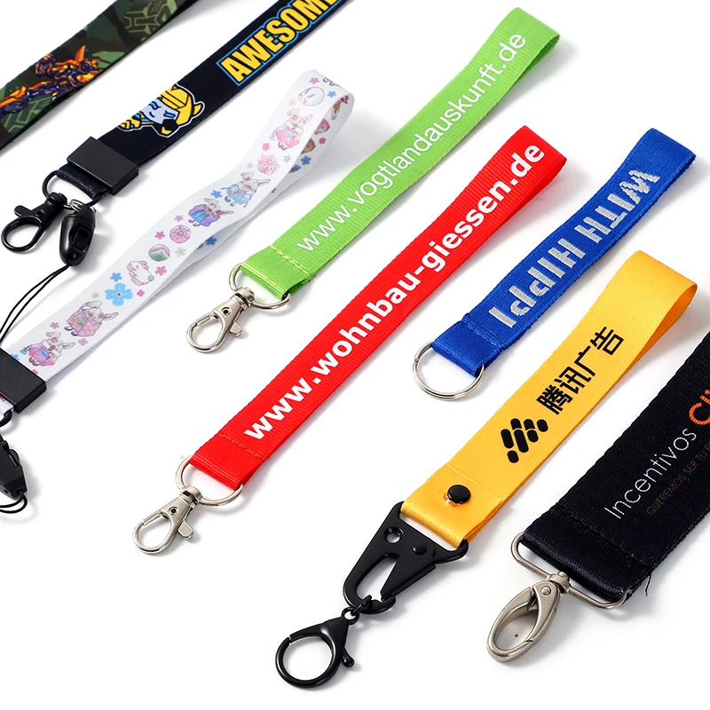 Colorful Short Carabiner Lanyard Wristlet Webbing Free Design Custom Polyester Laynards Hand Wrist Strap Lanyard Keychains