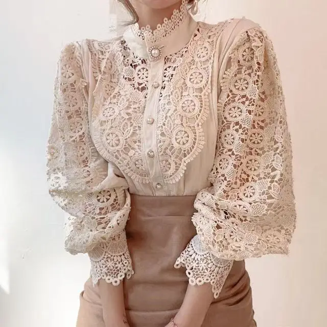 Hot Selling New Arrivals Lace Blouse women top, Long Sleeve skeleton Fashionable Casual Elegant Women Blouse shirt