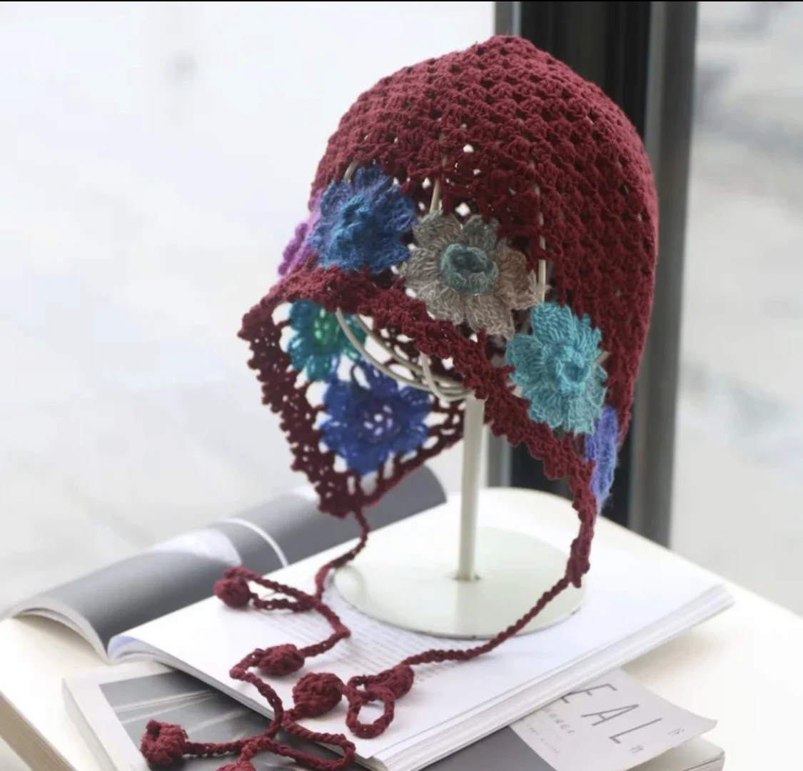 Fashionable Handmade Cotton Knitted Flower Hats Women Beanie Crochet Floral Net Mesh Rasta Hat