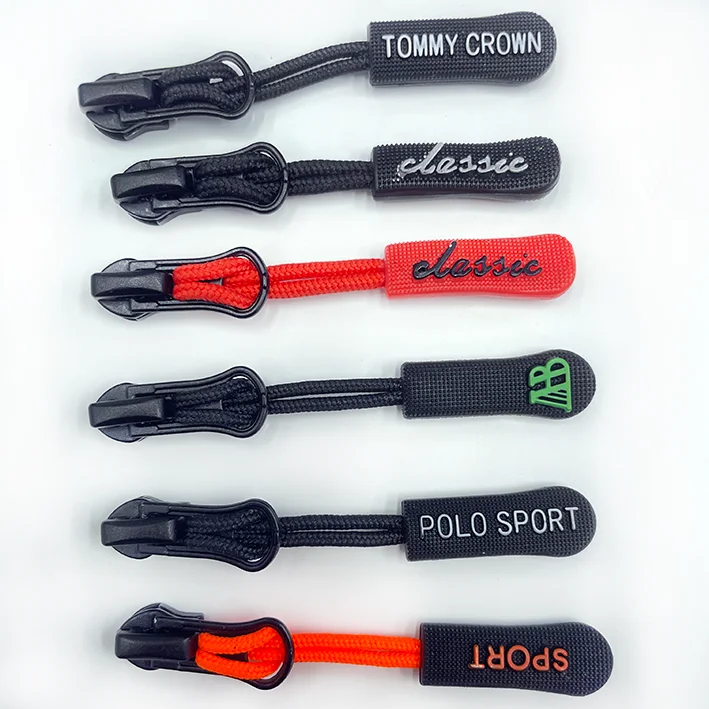 Rope injection molding pull end Plastic Pull rope sliders custom engraved zipper pull