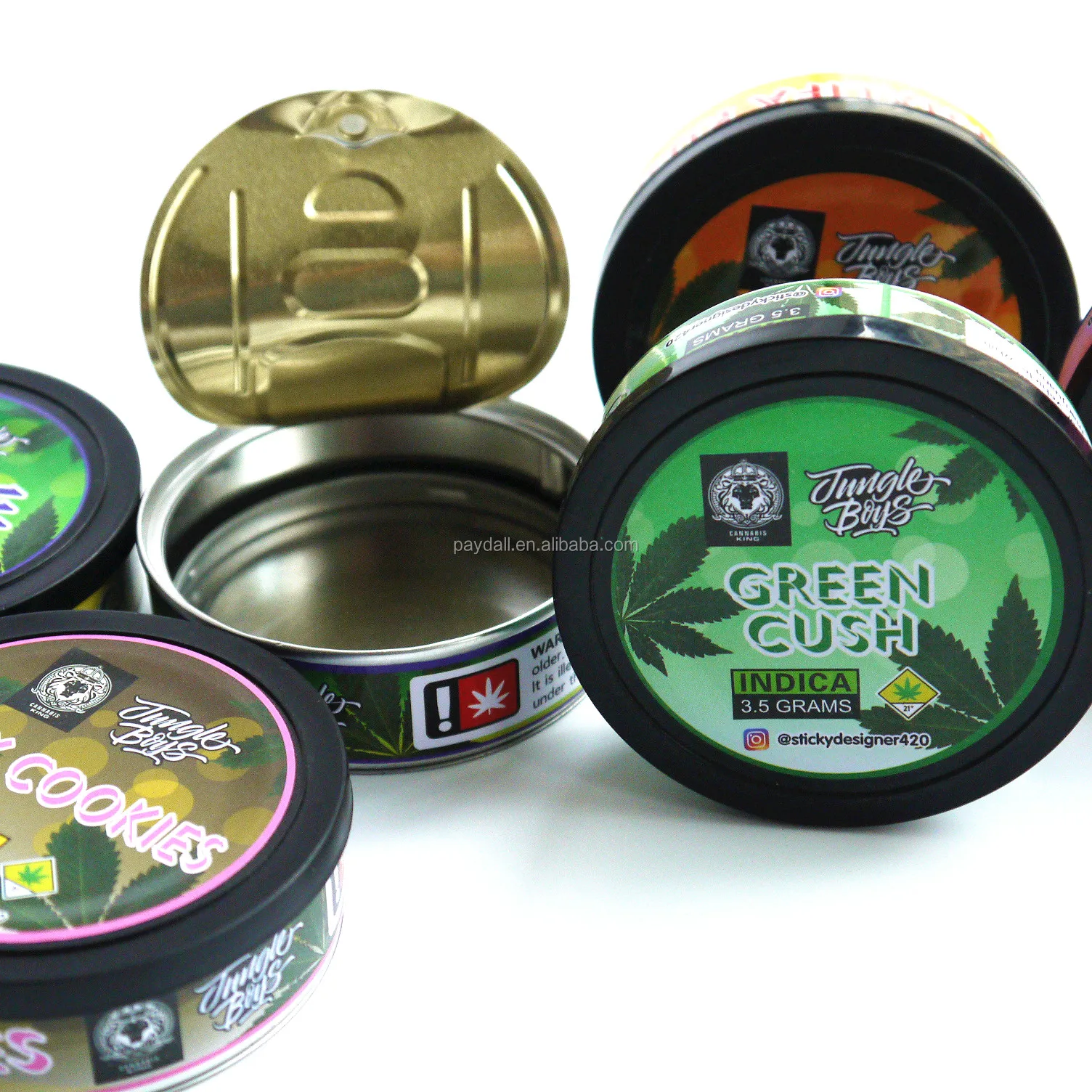 
3.5g ring pull hand sealable lid aluminum tin can and plastic lid-pressitin tin cans with dry herb labels Pressitins /Tuna tin can/Self seal ring pull can&nbsp;