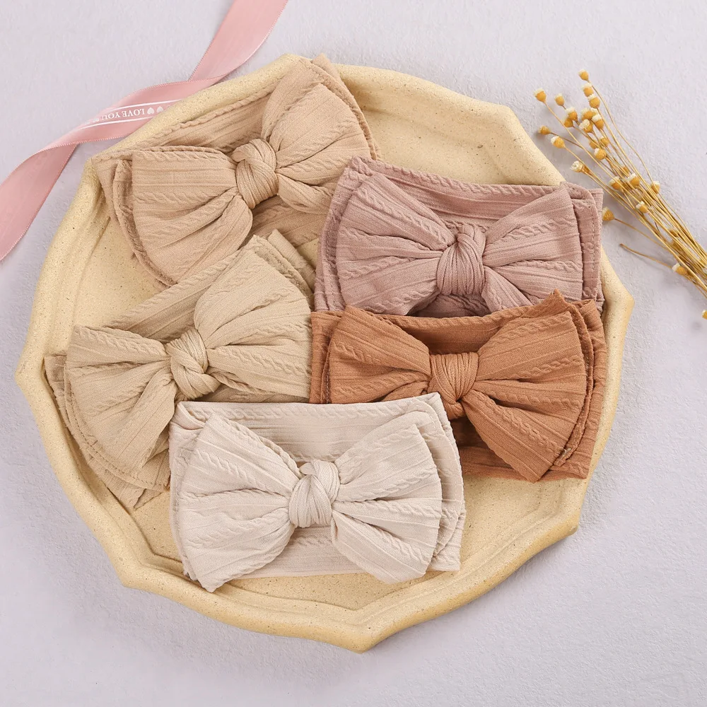 Highly Quality Kids Accessories Double Big Bow Cable Knit Elastic Nylon Baby Girls Headbands And Bows Sets