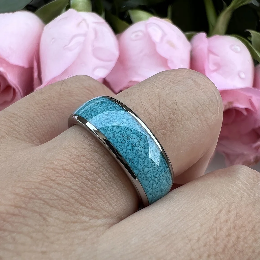 Coolstyle Jewelry Wholesale 8mm Tungsten Ring for Men Women Crushed Turquoise Inlay Fashion Jewelry Engagement Wedding Band