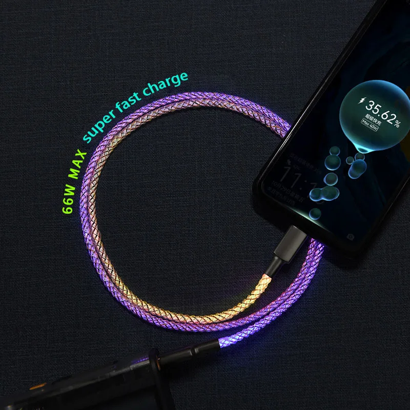 New Rgb 5a Colorful Gradual Ziny Alloy Changing Data Cord Usb Type C Led Light Glow Multicolor Gradient 66w Fast Charge Cable