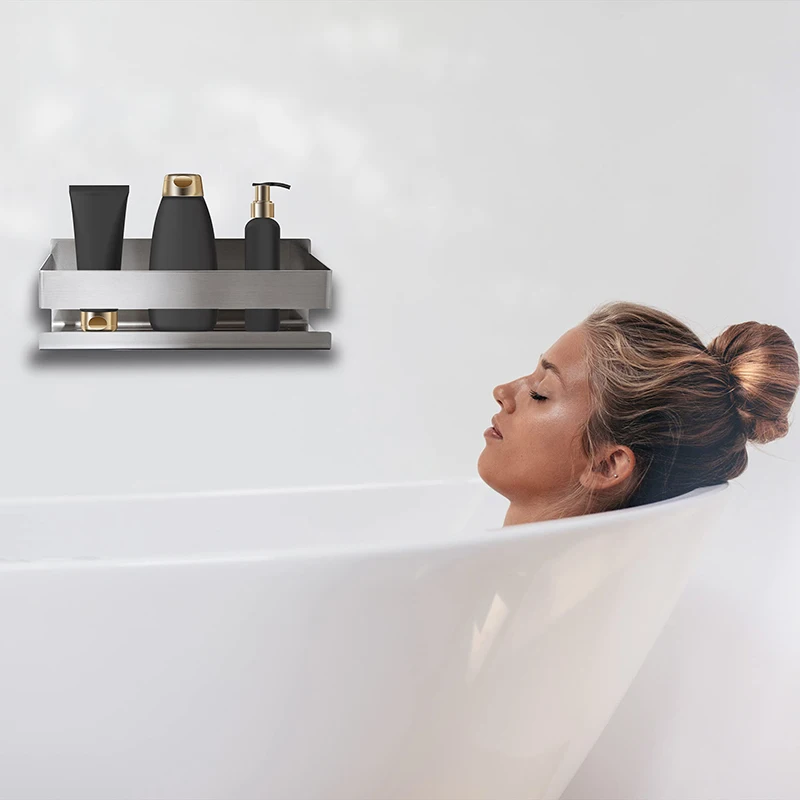 Free shipping 304 Stainless Steel Self Adhesive Shower Shelf Bathroom Shower Caddy Bath Storage Shelf Brushed/Black
