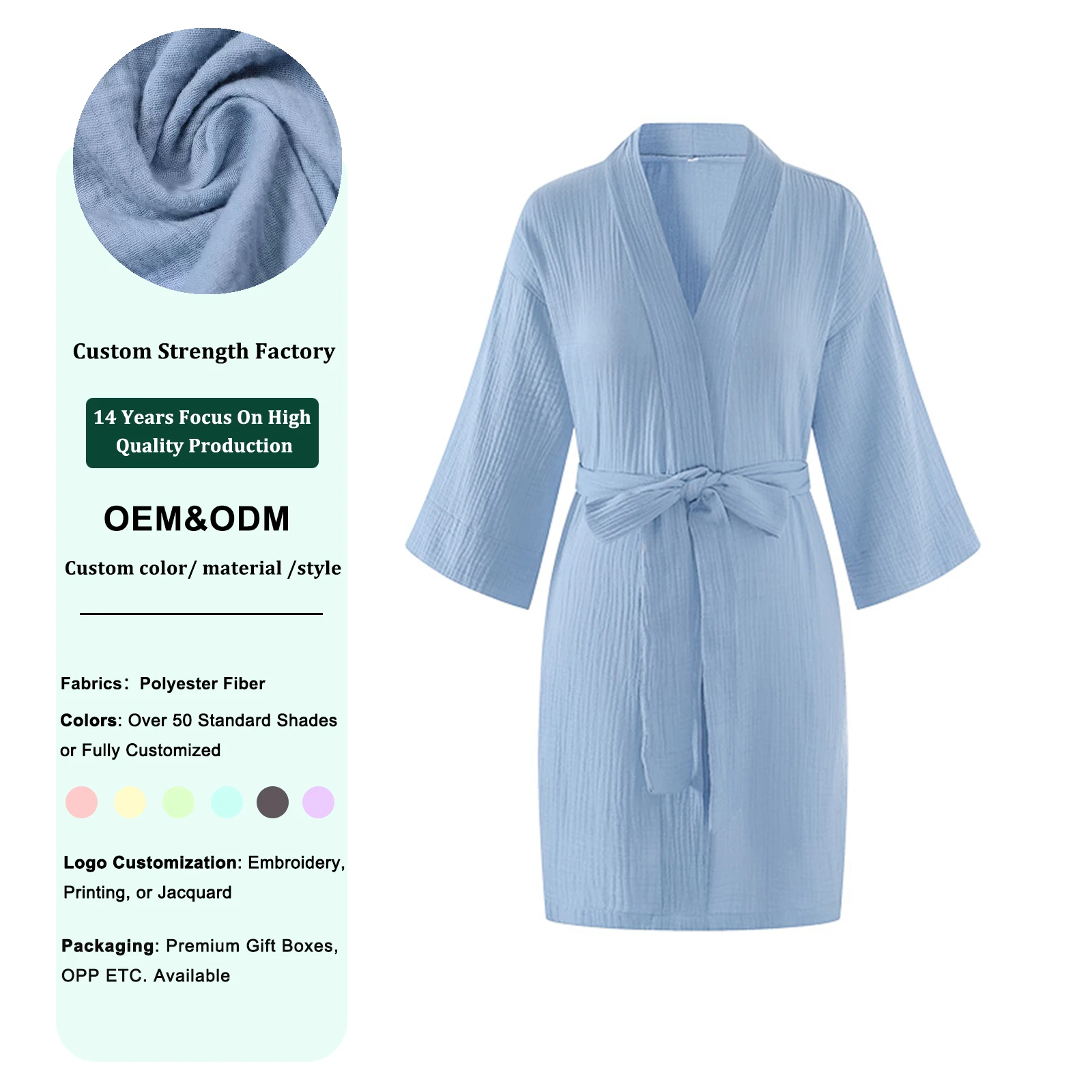 customized 100% cotton pajamas robe soild color woman sleepwear soft gauze nightgown V-neck bathrobe
