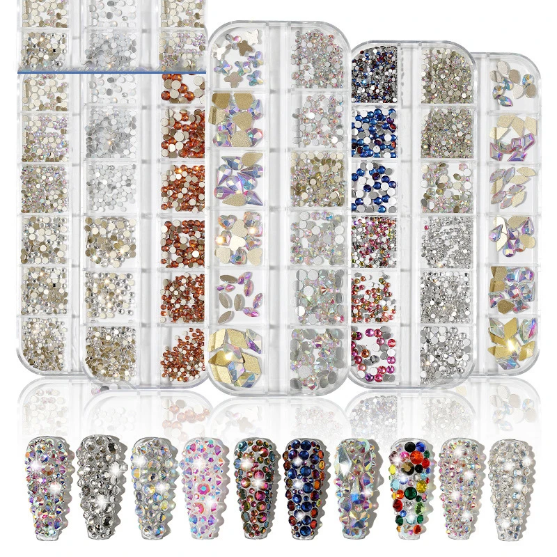 Nail Art 12 Grid Round Nail Art AB Flat Back Rhinestone Mix Size Color 3D Diamond Accessory
