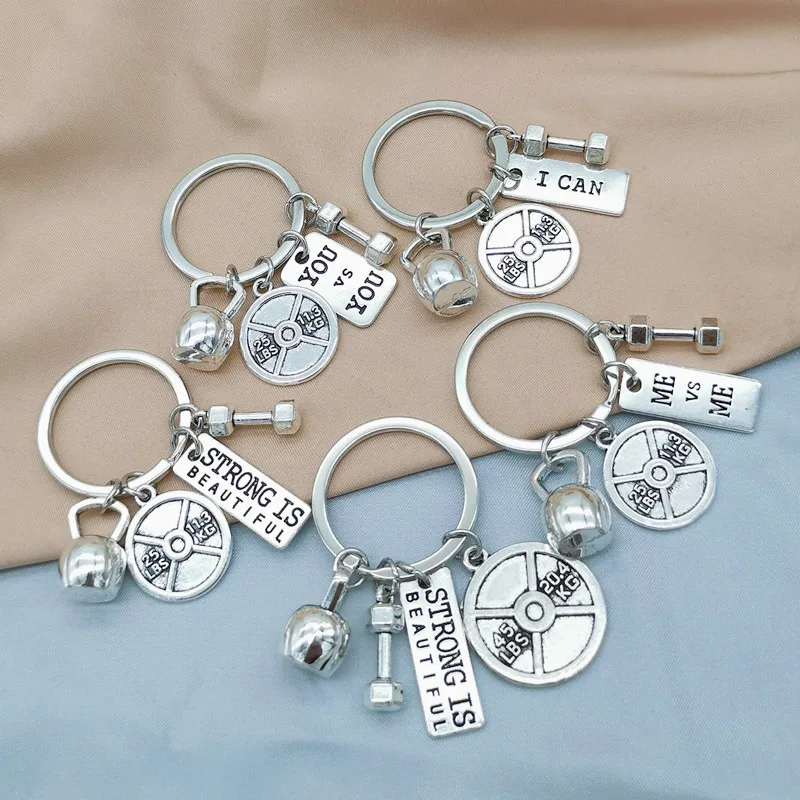 Hot Sports Series Sublimation Creative Gym Weightlifting Barbell Dumbbell Plate Fitness Keychains Blanks Metal Keychain