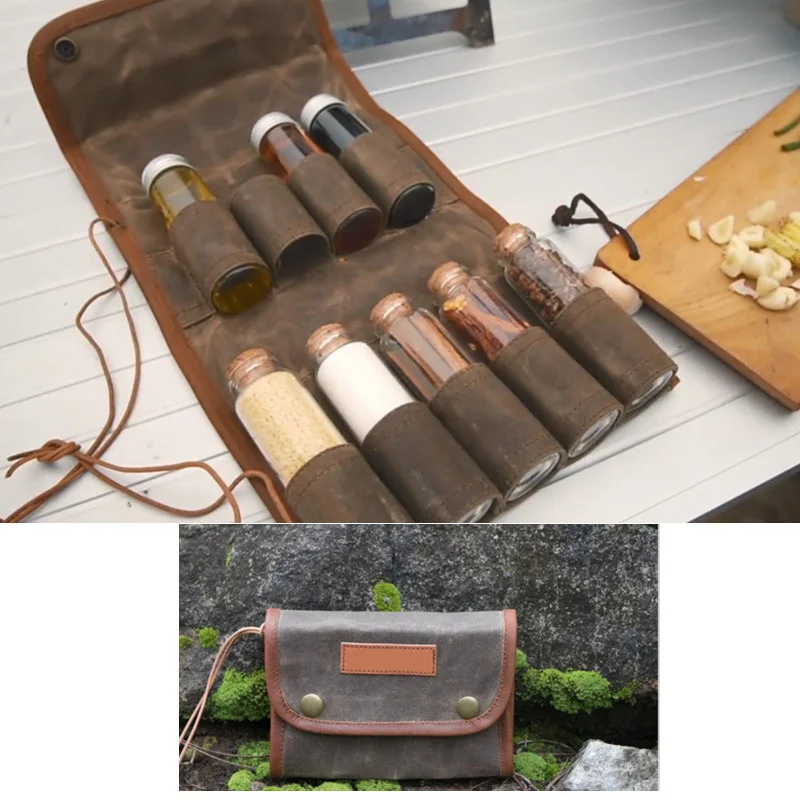 Portable Seasoning Bottle Condiment Container Outdoor Spice Bottle Set Wax Canvas Camping BBQ Seasoning Storage Bag Organize