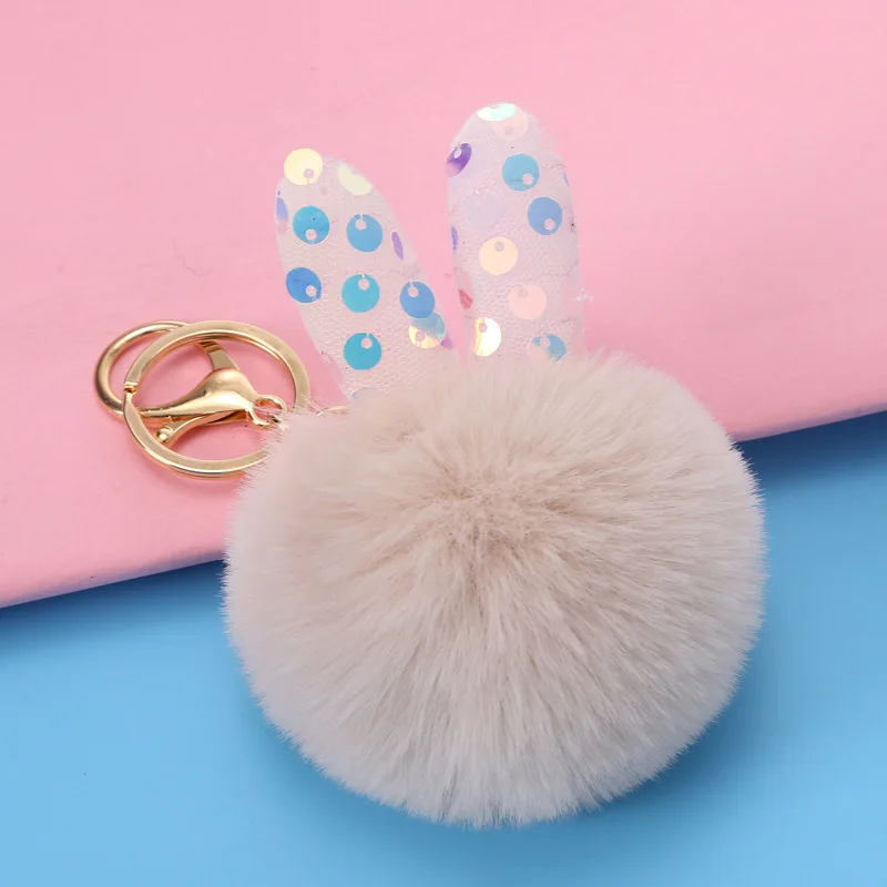 Wholesale Fancy Fluffy Faux Fur Key Ring Pompom Rabbit Ear Keychain For Women Girl DIY Bag Car Key Pendant