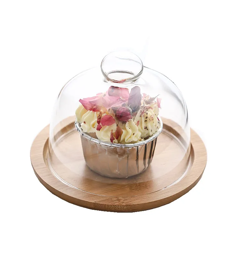 Mini Wooden Cake Stand for Wedding Party Birthday Dessert Display Plate with Glass Dome