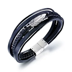 Top Sell Accessories Stylish Men Hand Jewelry Exquisite Feather Mens Leather Bracelet