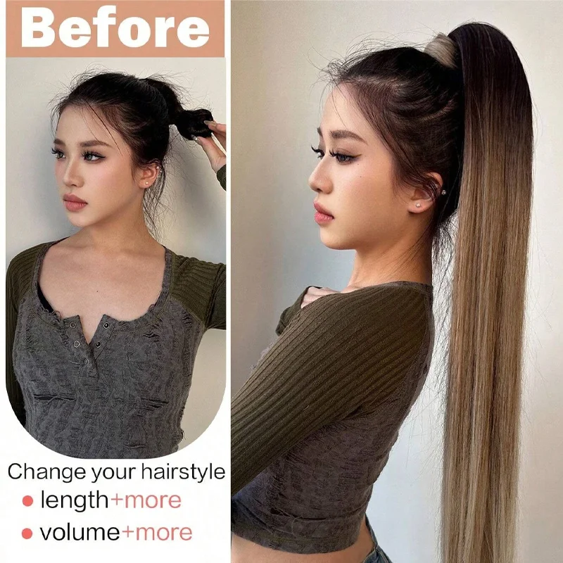 Ponytail wig, feminine, natural, realistic, braided long hair, highlights, gradient long straight hair, high ponytail
