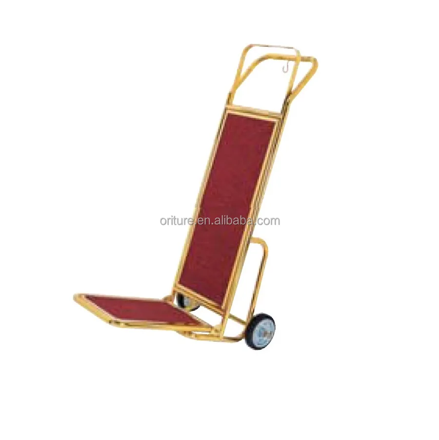 C014 Hotel Platform Stainless Steel Lobby Luggage Bellman Trolley Golden Baggage Hand Truck Cart with Red Carpet