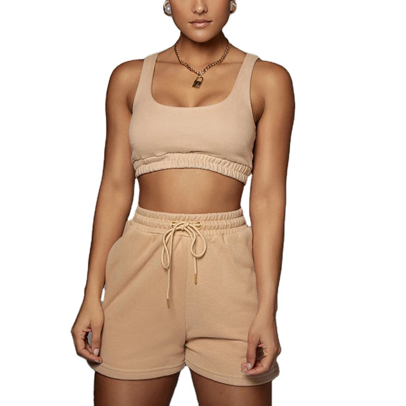 Custom Logo 2piece set Women Ribbed Active Vest Crop Matching Sweat Biker 2 piece short set Outfit Women Tracksuit Sweatsuit Set