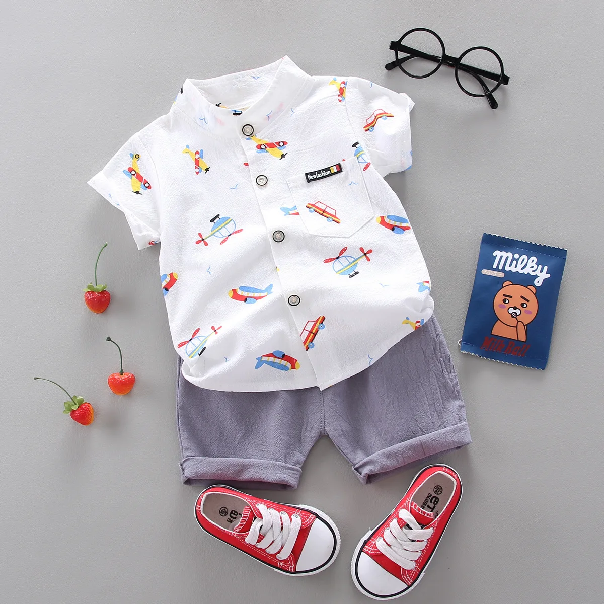 Floor price baby clothes wholesale handsome summer little boy short sleeve set Korean fashion baby boy shirt set