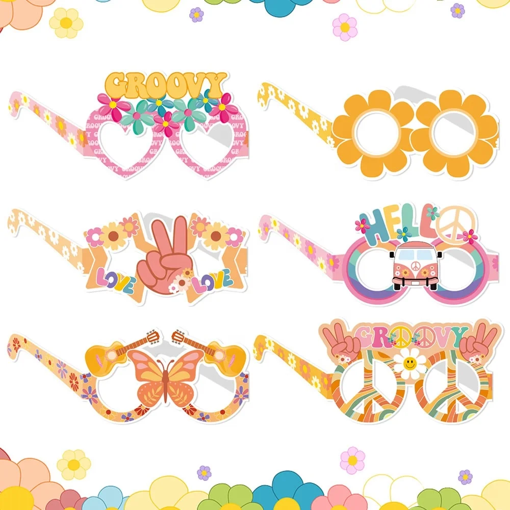 6 Pcs Groovy Retro Hippie Theme Paper Glasses Groovy Party Decorations Groovy Hippie Glasses For Girls Birthday Party Supplies