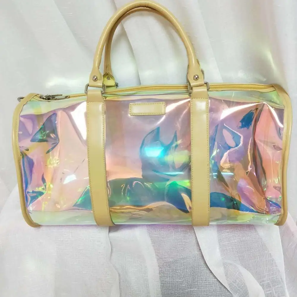 Custom large capacity women hologram clear pvc duffle bag holographic spend the night bags transparent beach bag