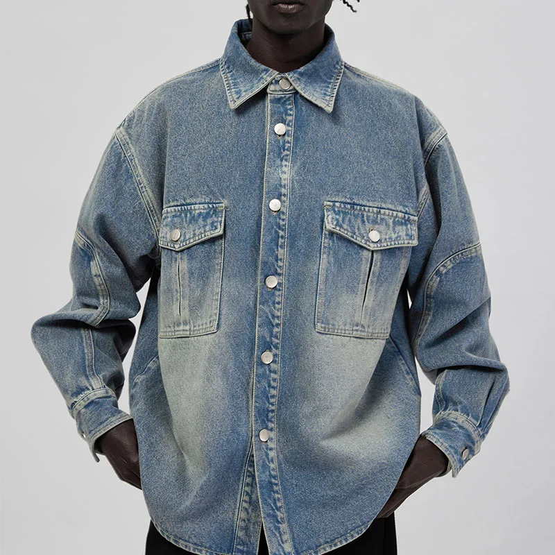 Custom denim button down shirt jeans shirts for men long sleeve denim shirt vintage overshirt jacket men