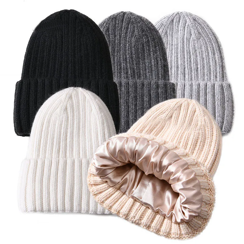 Wholesale Winter Knitted Cashmere Wool Beanie Hats Women Silk Lined Beanies Custom Logo Soft Cuffed Satin Lined Beanie Hat (1600598503400)