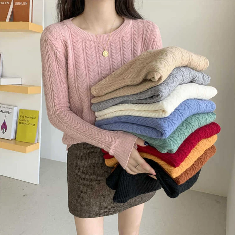 2021 new arrival woman tops fashionable crew neck long sleeve cable pullover vintage knit sweater