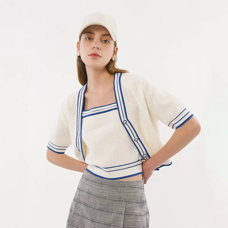Factory casual knitted short sleeve sweater set woman short cardigan vest tank top sweater set for women