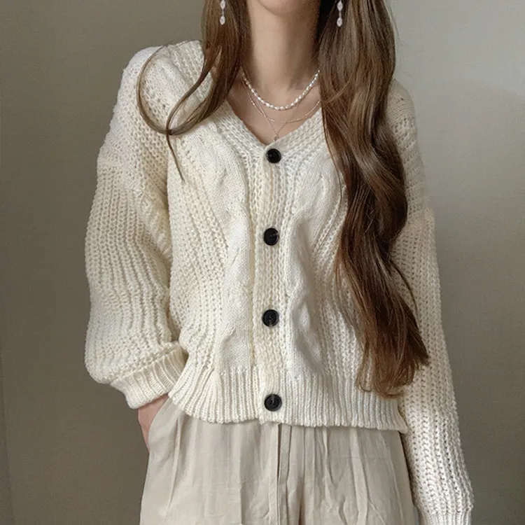 Factory Price Fall Cable Knit Cardigan Women Retro Twist Buttons Pullovers Lazy Winter Coat Plain Knitted Cardigans For women