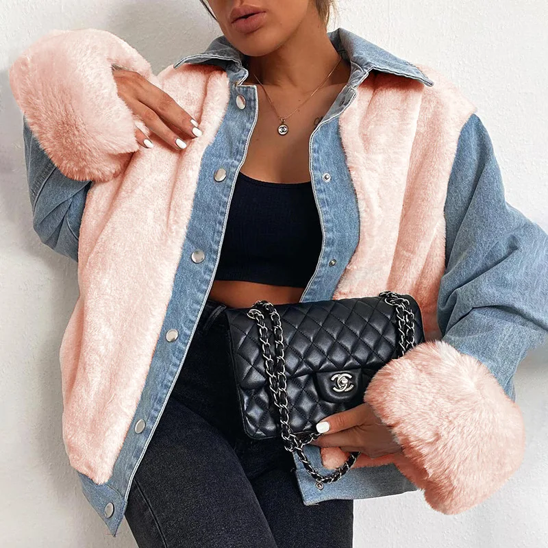 Manufacturer Womens Fleece Jacket Winter Coats Patchwork Fuzzy Fur Fleece Lapel Jeans Jacket Trend