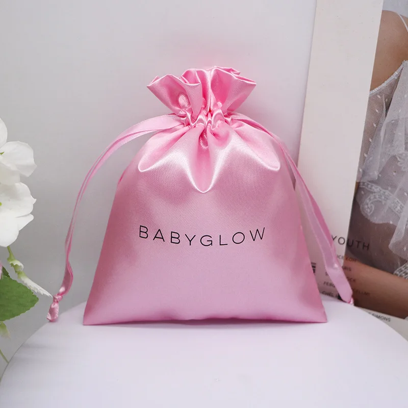 Wholesale  Custom Printed Logo  Small Silk Satin Jewelry Pink Pouch  Drawstring Satin Bag