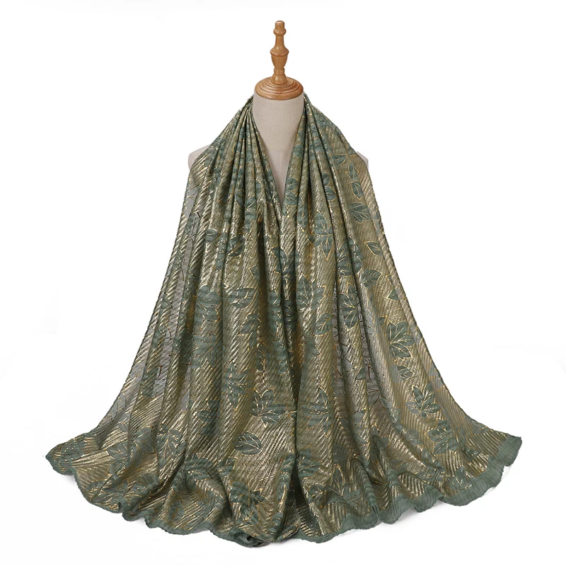 wrinkled design fashion crushed 100% polyester cotton scarf hijab gold leaves pattern women long cotton hijab