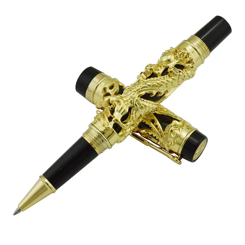 Jinhao Dragon Phoenix Vintage Luxurious Rollerball Pen, Metal Carving Embossing Heavy Pen, Noble Golden & Black for Office