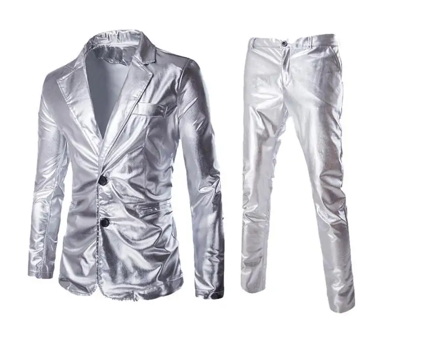 Hot Sale Coated Gold Silver Black (Jackets + Pants) Men Suit Sets  Wedding Party Show Shiny clothes