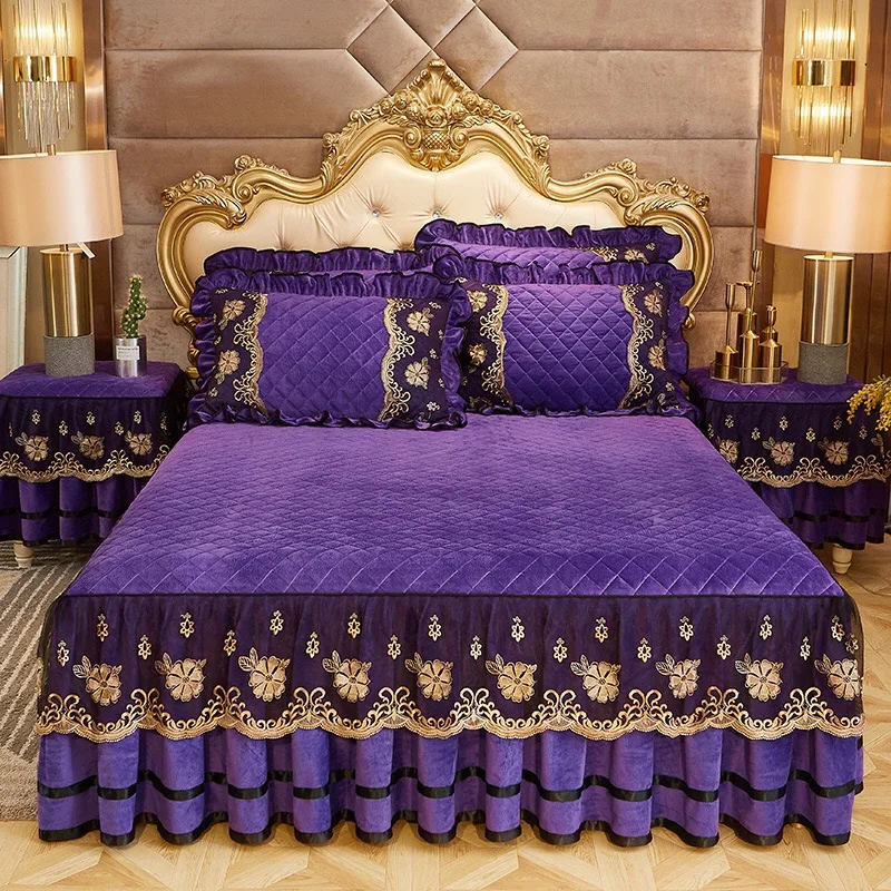 European style crystal velvet lace bed skirt winter warm quilted bedspread bed skirt
