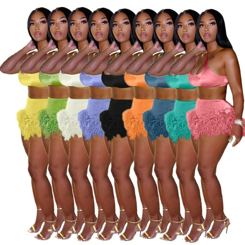 Nightclub sexy 2 piece short set irregular tops and feather shorts two piece summer club wear 2022 women 2 piece sets