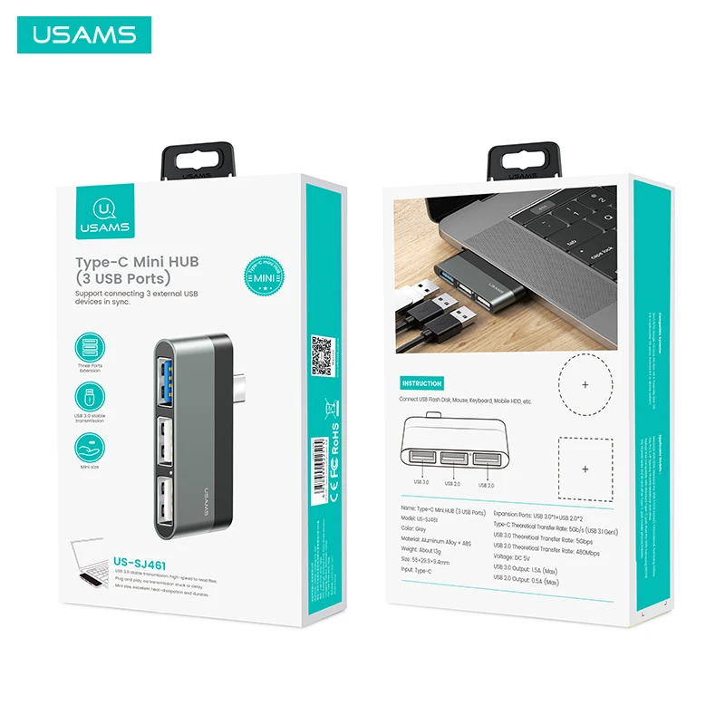 USAMS US-SJ461 Высокое качество Новый 3 USB порта адаптер Type-C мини
