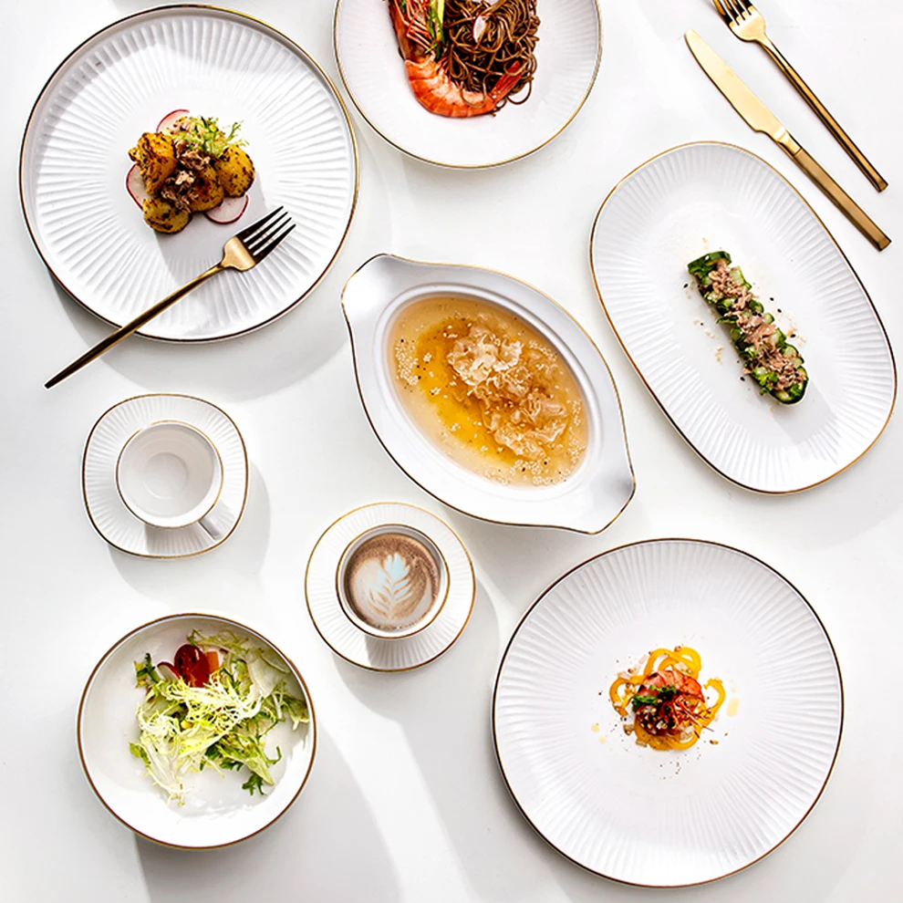 Wholesale Hotel Events Embossed White Gold Dinner set  Plates Dishe Porcelain Teller Ceramic Crockery Wedding Gold Rim Plate Set