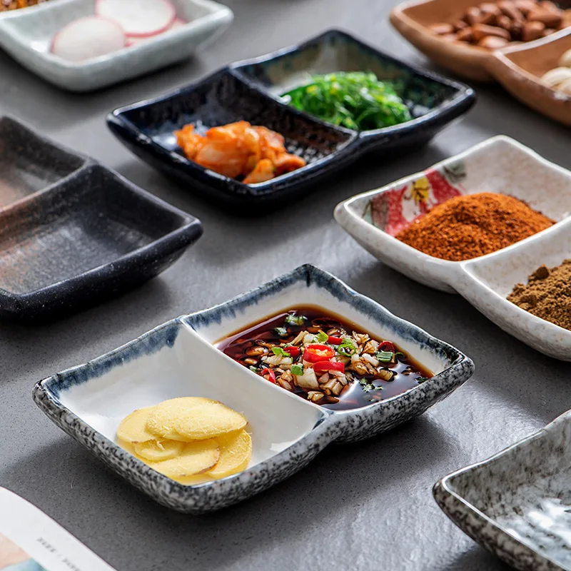 Japanese creative ceramic two grid plate double grid plate personality hot pot divided grid dipping plate Korean barbecue soy sa