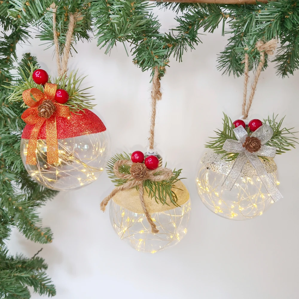 Promotional Transparent Pine Cone Needle Decoration LED Light-Emitting PET Hanging Christmas Tree Ball Decorative Lighting