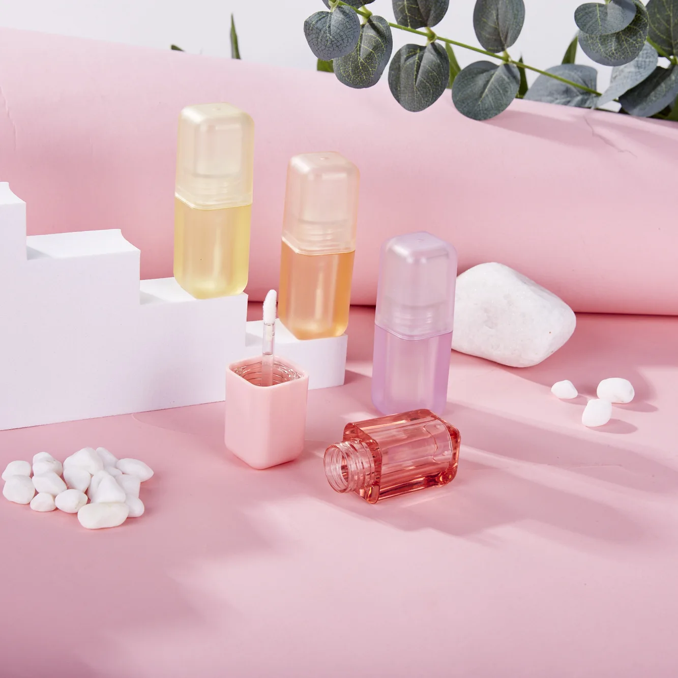 low moq high quality square pink matte empty plastic lip oil tube 3ml private labels lip gloss tube container