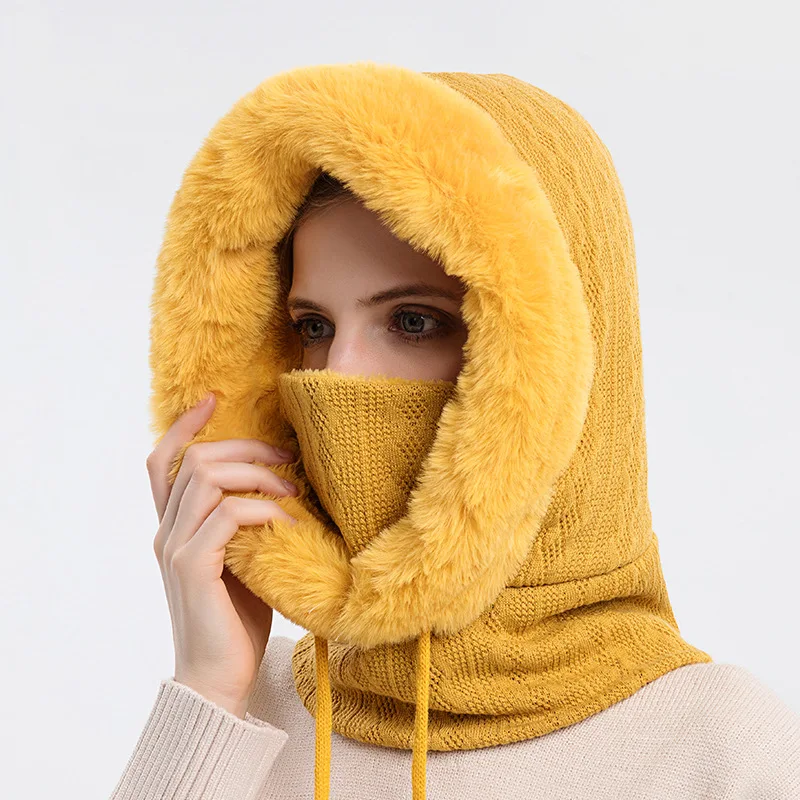 Solid Color Plush Edge Knitted Cap Women Winter Thickened Dual Use Mask Scarf Lady Outdoor Riding Warm Neck Protection Hat