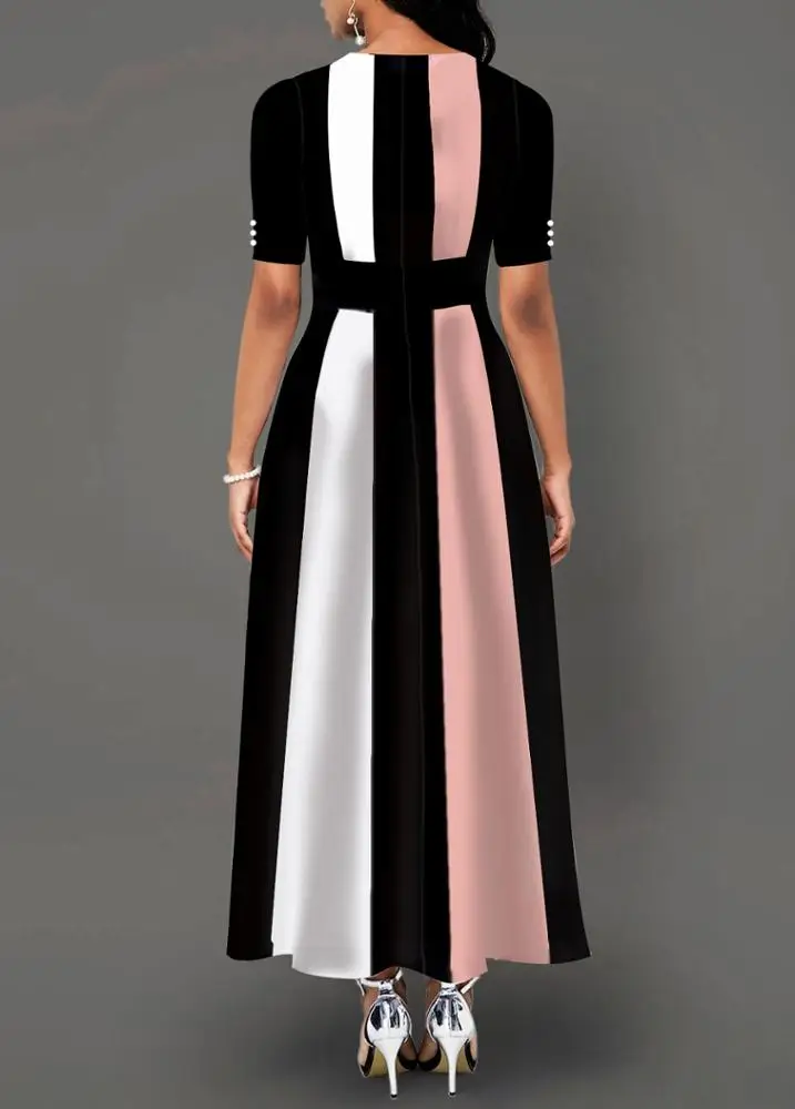 
Wholesale high collar satin long color contrast casual dress women 