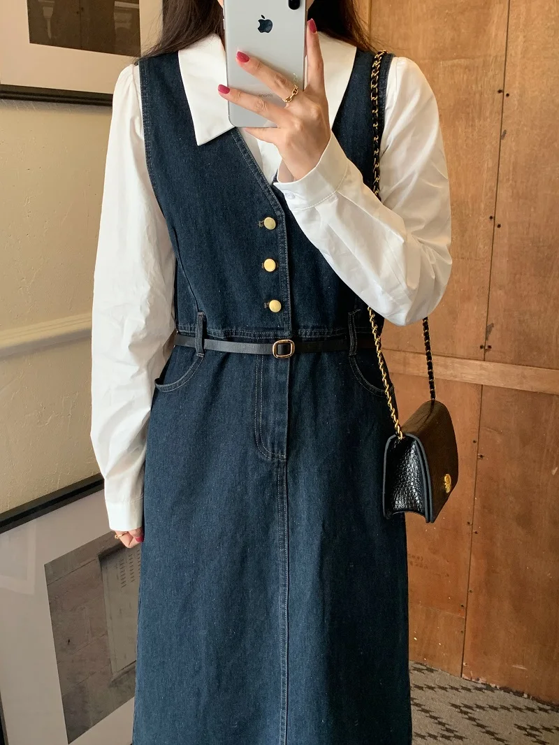 Droma Korean simple loose white shirt+washed denim V-neck single-breasted waist skirt jean two piece set for women