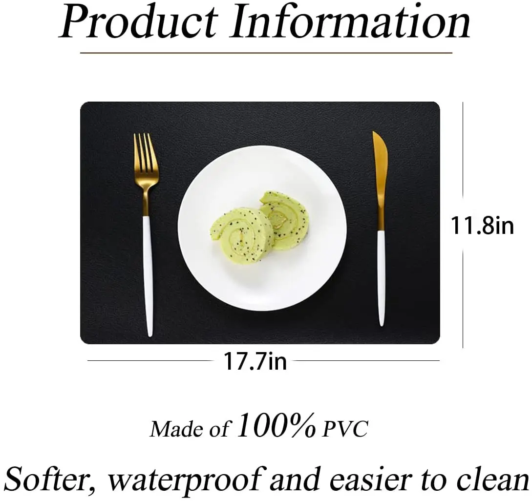 Pure PVC Heat-Resistant Waterproof Placemats Washable Easy to Clean Table Mats for Dining Room and Decor (Black)