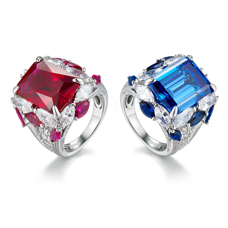 Luxury Ruby Emerald Ring Setting Cubic Zirconia 925 Sterling Silver Chunky Rings