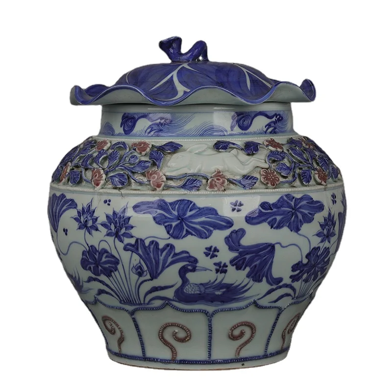 Chinese Antique Yuan Dynasty Blue and White Mandarin Duck Playing Water Pattern Lotus Leaf Lid Jar home decors ceramics vases