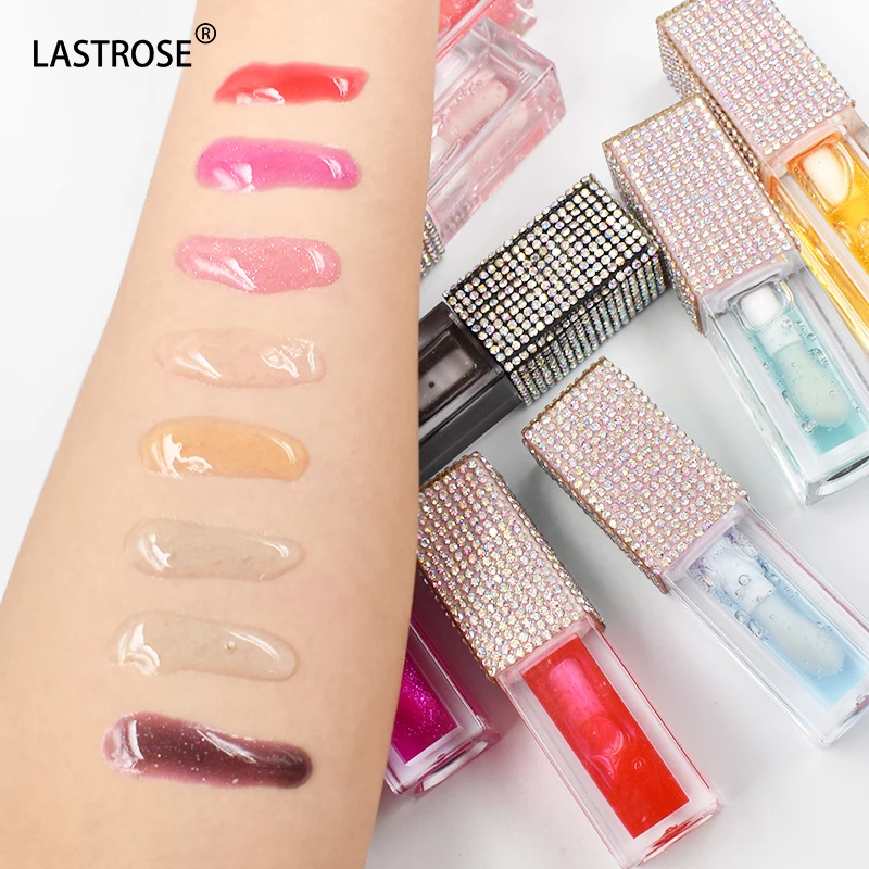 2024 New Big Brush Lip Oil 37 Colors Private Label Shiny Lip Oil Vegan Clear Lip Gloss with Rhinestone Tubes